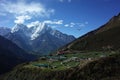 Hiking in Nepal Himalayas, Small airplane flying over Dhole village 4200 m, Thamserku mountain on background