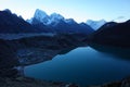 Hiking in Nepal Himalayas, View of Gokyo village, Gokyo lake, Ngozumba glacier, Arakam Tse and Cholatse mountain Royalty Free Stock Photo