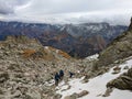 hiking in the old snow in the swiss mountains. Mountaineering on the chli charpf in autumn above elm glarus. Wanderlust