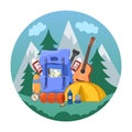 Hiking and outdoor recreation concept with flat camping travel icons vector illustration. Royalty Free Stock Photo