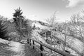 Hiking path along the valley and crossing the village of Nax. First snow in the Alps, Canton of Valais, Switzerland Royalty Free Stock Photo