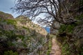 Hiking path on the edge of a rocky cliff near the Pico Ruivo mountain at Madeira. Royalty Free Stock Photo