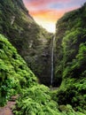 Hiking path with forest in Levada do Caldeirao Verde waterfall Trail - tropical scenery on Madeira island, Santana, Portugal