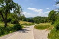 Hiking path, hill panorama, meadows, forest with trees near Wichsenstein in Franconian Switzerland, Germany Royalty Free Stock Photo