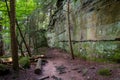Hiking path next to stone wall on the Ledges Trail in Cuyahoga Valley National