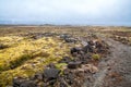 Hiking path to old volcano across Landmannalaugar moss and lava land. Iceland