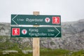 Hiking path touristic road sign to famous Kjerag stone.