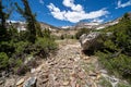 Hiking pathway opens up to a beautiful alpine lake along the 20 Lakes Basin hike in California Eastern Sierra Nevada Mountains Royalty Free Stock Photo