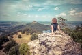 Hiking person looks at Hohenzollern Castle on mountain top, Germany Royalty Free Stock Photo