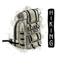 Hiking poster with backpack. Vector template for t-shirt print, greeting and postal cards. Vintage badge, emblem, label.