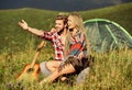 Hiking romance. Couple in love happy relaxing nature background. Love concept. Camping vacation. Camping in mountains Royalty Free Stock Photo