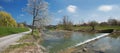 Hiking route along the riverside of mangfall river at springtime Royalty Free Stock Photo