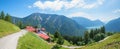 hiking route to Feilkopf mountain with view to alpine guest house and lake Achensee