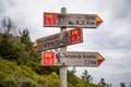 Hiking routes wooden road sigh in the mountains of Madeira island Royalty Free Stock Photo