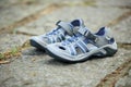 Hiking sandals outdoor on trail Royalty Free Stock Photo