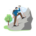 Hiking scene, flat vector illustration. Climber, hiker male character with backpack climbing the rock. Mountain tourism