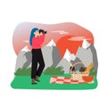 Hiking scene, flat vector illustration. Traveler, hiker female taking photo of sunset. Nature tourism, photography.