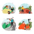 Hiking scene set flat travelers and hikers vector