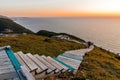 Boardwalk with wooden steps at Cabot Trail, Cape Breton Highlands National Park Royalty Free Stock Photo