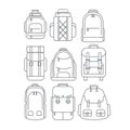 Hiking, school, casual Backpacks or rucksacks in thin line design icon set.