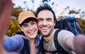 Hiking, selfie and portrait couple on mountain for adventure, holiday and freedom outdoors. Travel, dating and happy man