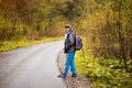 Senior 60 years old woman hiker smiling walk in autumn forest. Active retirement concept Royalty Free Stock Photo