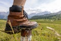 Hiking shoe in front of a mountain panorama