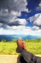 Hiking shoes. Hiker enjoying view relaxing Royalty Free Stock Photo