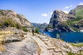 Hiking on the shoreline of Hetch Hetchy reservoir in Yosemite National Park, Sierra Nevada mountains, California; the reservoir is Royalty Free Stock Photo