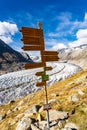 Hiking signpost near Aletsch Glacier in Alps Switzerland