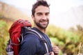 Hiking, Smile And Portrait Of Man On Mountain For Fitness, Adventure And Travel Journey. Backpacking, Summer And Workout