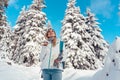 Hiking in the snow on a mountain slope in winter Royalty Free Stock Photo