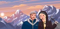 Hiking sport, climbing couple illustration. Man and women hiker in the cold season in the mountains