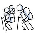 Hiking stick figure family line art icon. Carrying backpack, piggyback ride, track pole and kids . Outdoor leisure walking,