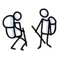 Hiking stick figure line art icon. Carrying backpack, track pole with group . Outdoor leisure walking, climbing trekking lifestyle