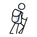 Hiking stick figure line art icon. Carrying backpack, track pole . Outdoor leisure walking, climbing trekking lifestyle