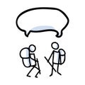 Hiking stick figure line art speech bubble icon. Carrying backpack, track pole group . Outdoor leisure walking, climbing trekking