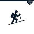 Hiking stick man icon, glyph style