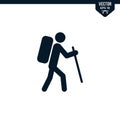 Hiking stick man icon, glyph style