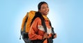Hiking Studio, Backpack And Happy Woman Trekking, Backpacking And Travel Gear For Fitness, Adventure Or Tourism Holiday