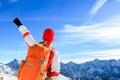 Hiking success, happy woman in winter mountains Royalty Free Stock Photo