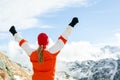 Hiking success, woman in winter mountains Royalty Free Stock Photo