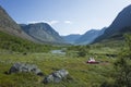 Hiking in Swedish Lapland. Tent on beautiful camping spot in Vistasvagge valley in northern Sweden