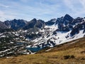 Hiking in Tatra National Park, Poland, in May. Beautiful panoramic view on rocky mountains and lake