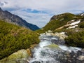 Hiking in Tatra National Park, Poland, in May. Beautiful panoramic view on rocky mountains and a wild river Royalty Free Stock Photo