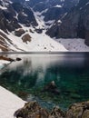 Hiking in Tatra National Park, Poland, in May. Beautiful panoramic view on rocky and snowy mountains, and famous mountains lake Royalty Free Stock Photo