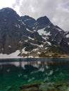 Hiking in Tatra National Park, Poland, in May. Beautiful panoramic view on rocky and snowy mountains, and famous mountains lake Royalty Free Stock Photo