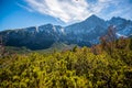 Hiking to mountain lake in National Park High Tatra in autumn and sunny day. Dramatic overcast sky. Zelene pleso, Slovakia, Europe Royalty Free Stock Photo