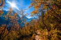 Hiking to mountain lake in National Park High Tatra in autumn and sunny day. Dramatic overcast sky. Zelene pleso, Slovakia Royalty Free Stock Photo