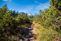 Hiking to mountain lake in National Park High Tatra in autumn and sunny day. Dramatic overcast sky. Zelene pleso, Slovakia Royalty Free Stock Photo